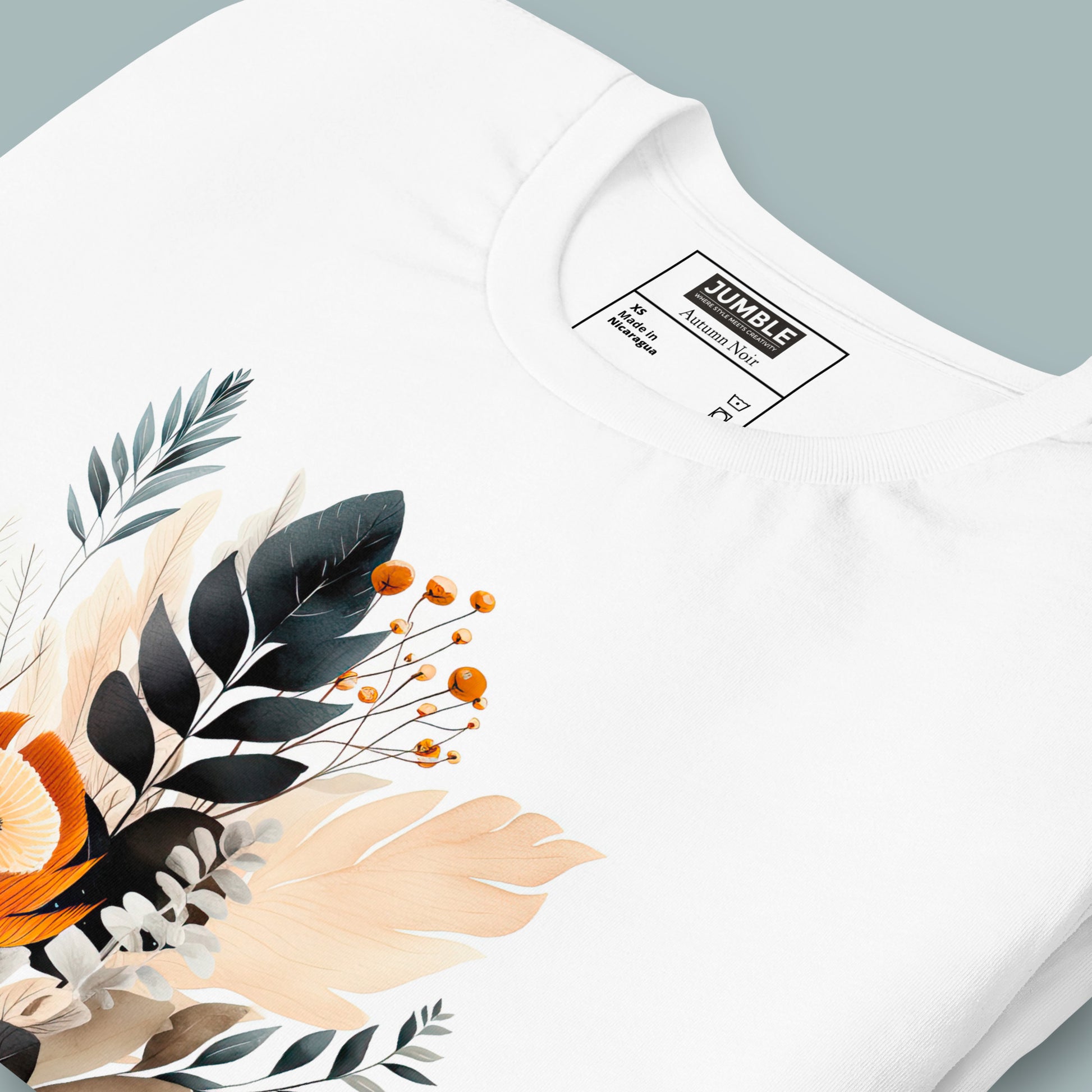 Closeup of Autumn Noir Unisex T-shirt in White