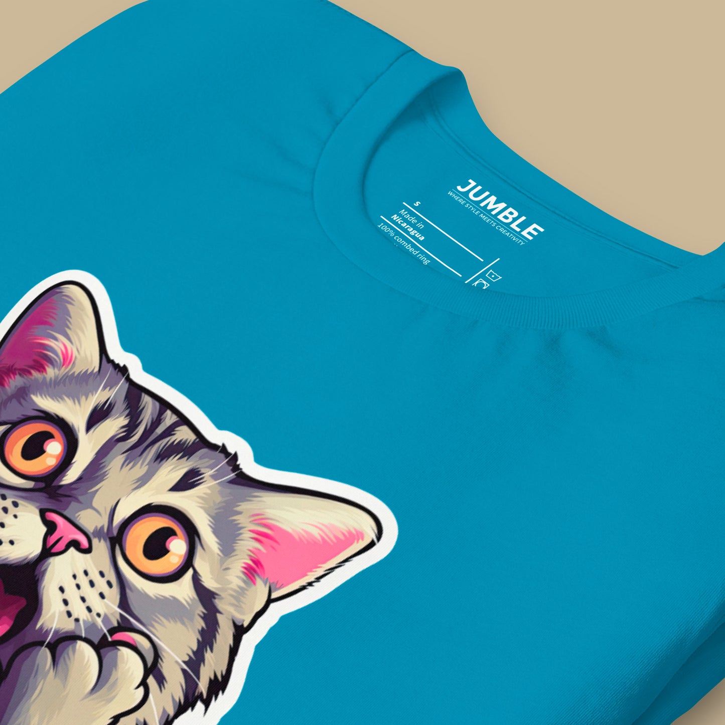 closeup of aqua Cat-astrophic Surprise Unisex t-shirt 