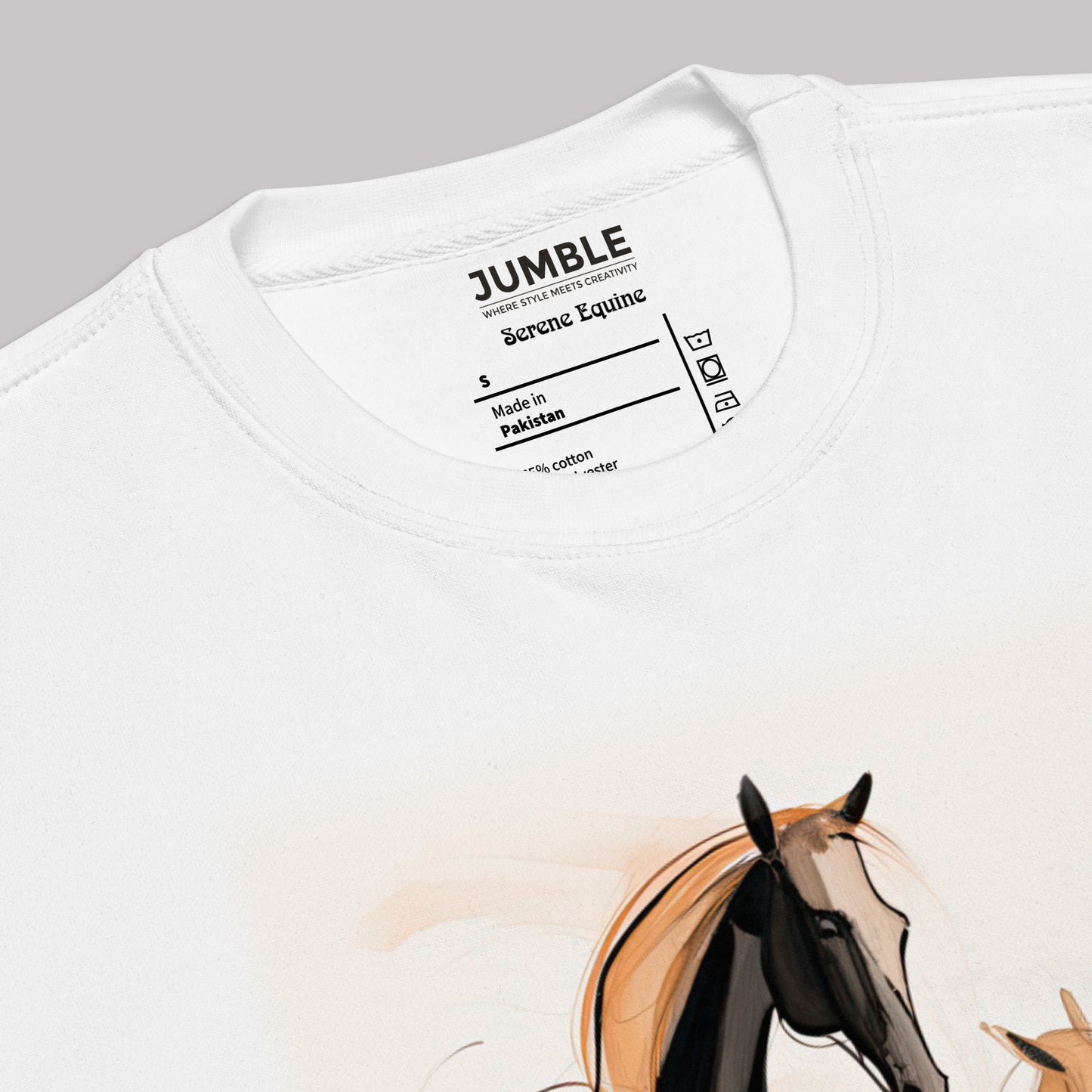 closeup of label on Serene Equine Unisex Premium Sweatshirt