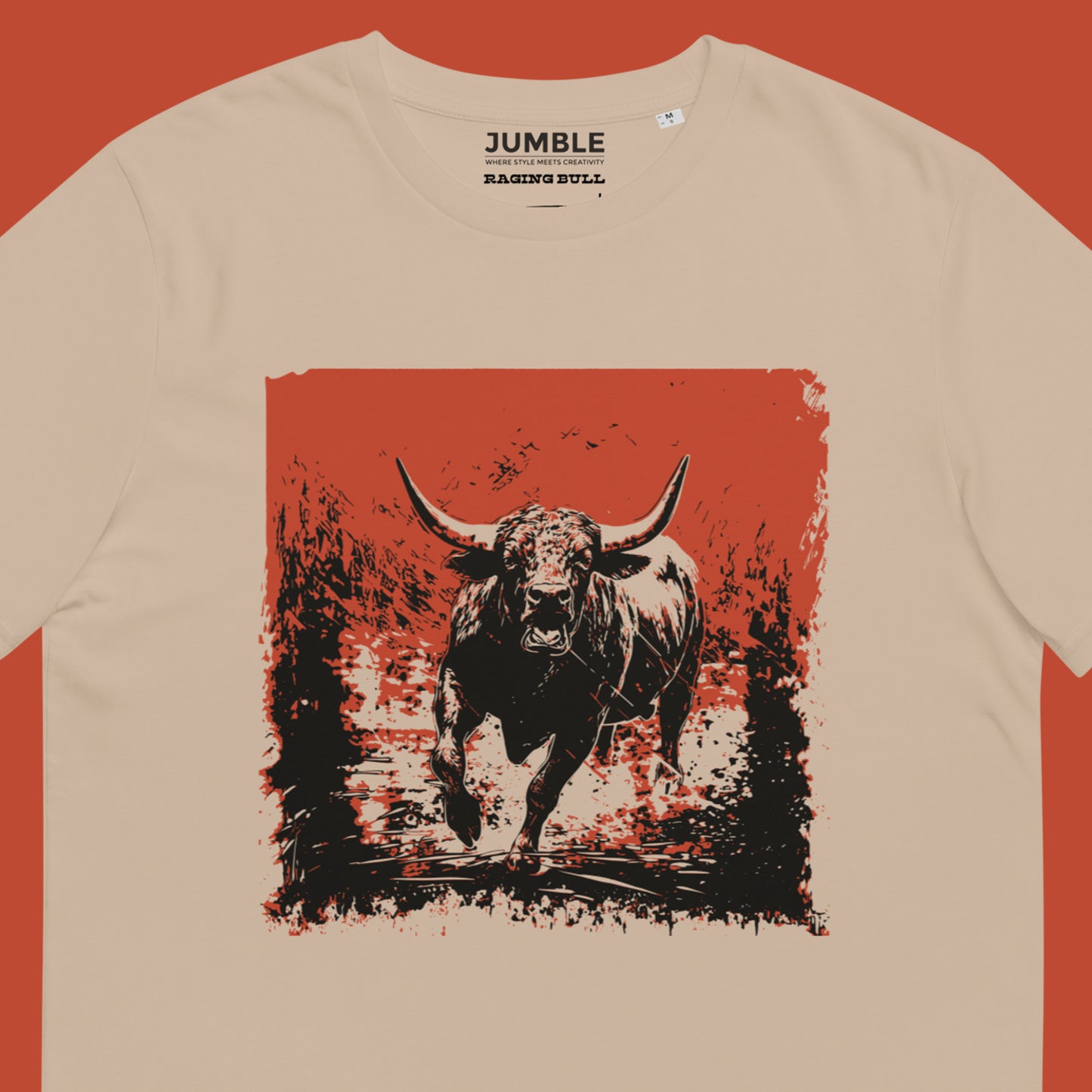 closeup of Raging Bull Unisex organic cotton t-shirt, in desert dust.
