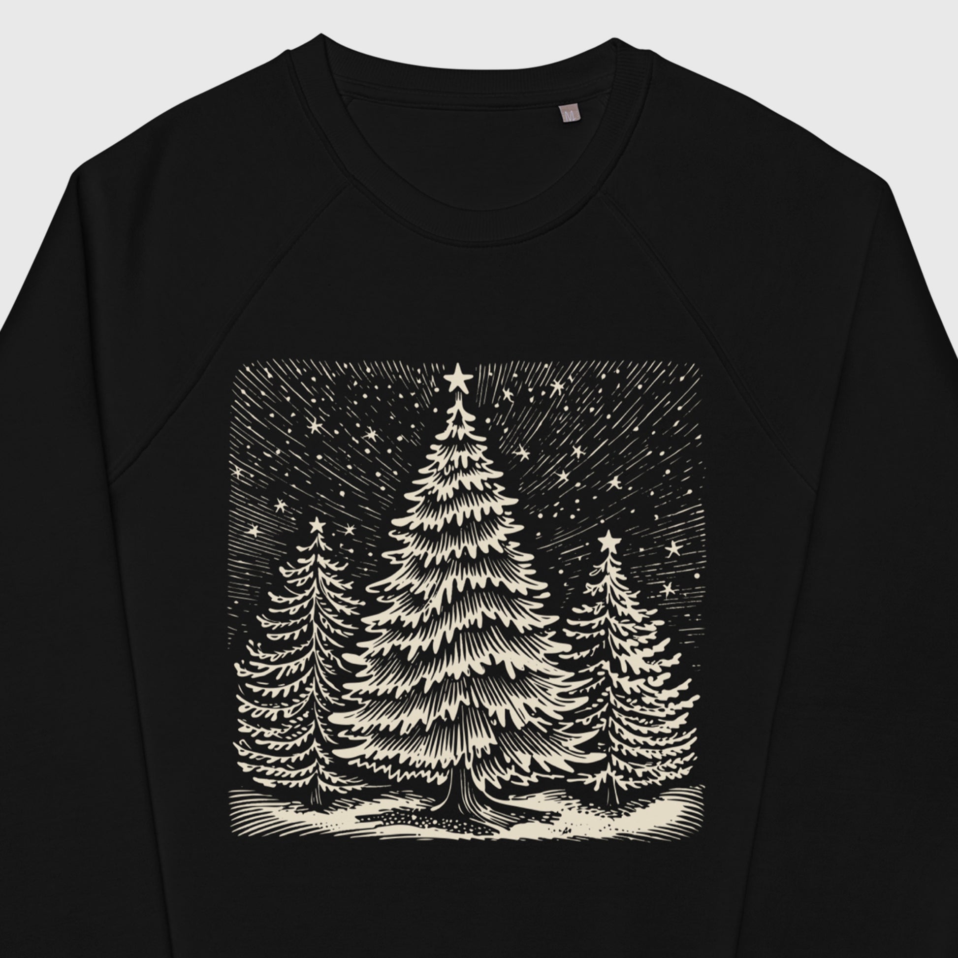 closeup of artwork on Chiaroscuro Christmas Unisex organic raglan sweatshirt