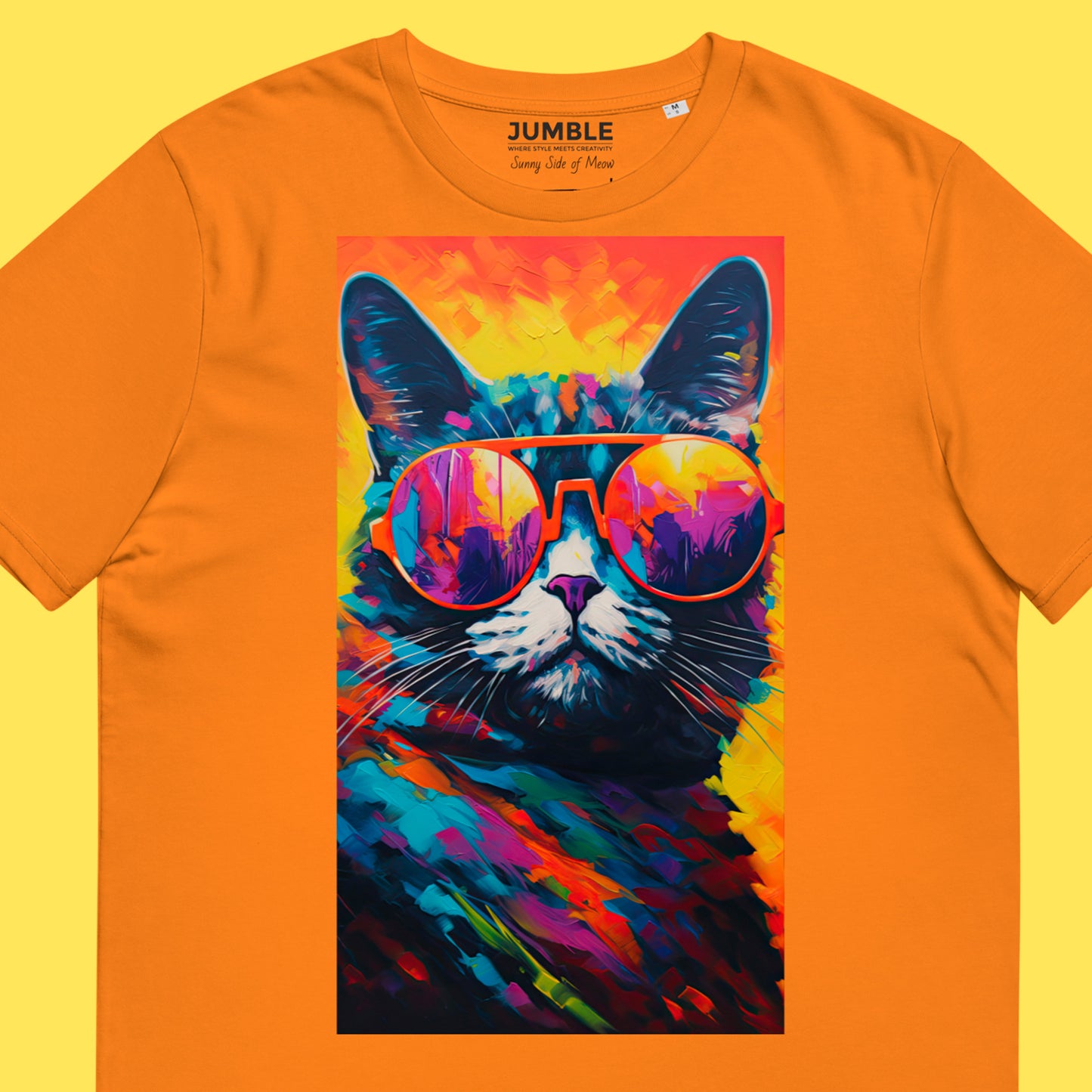 close up of artwork on Sunny Side of Meow Unisex organic cotton t-shirt