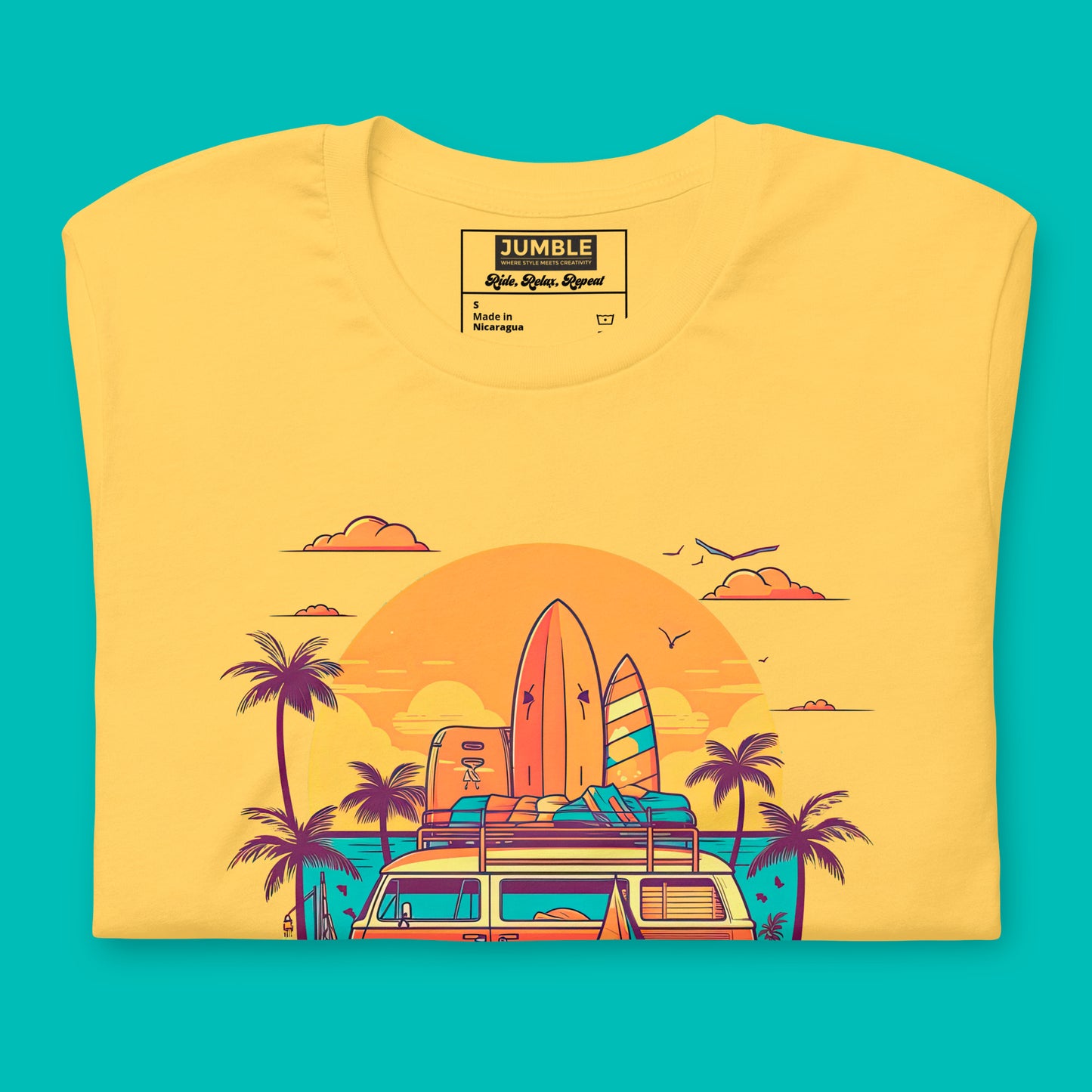 Close-up Folded Unisex "Ride, Relax, Repeat" T-Shirt in Yellow