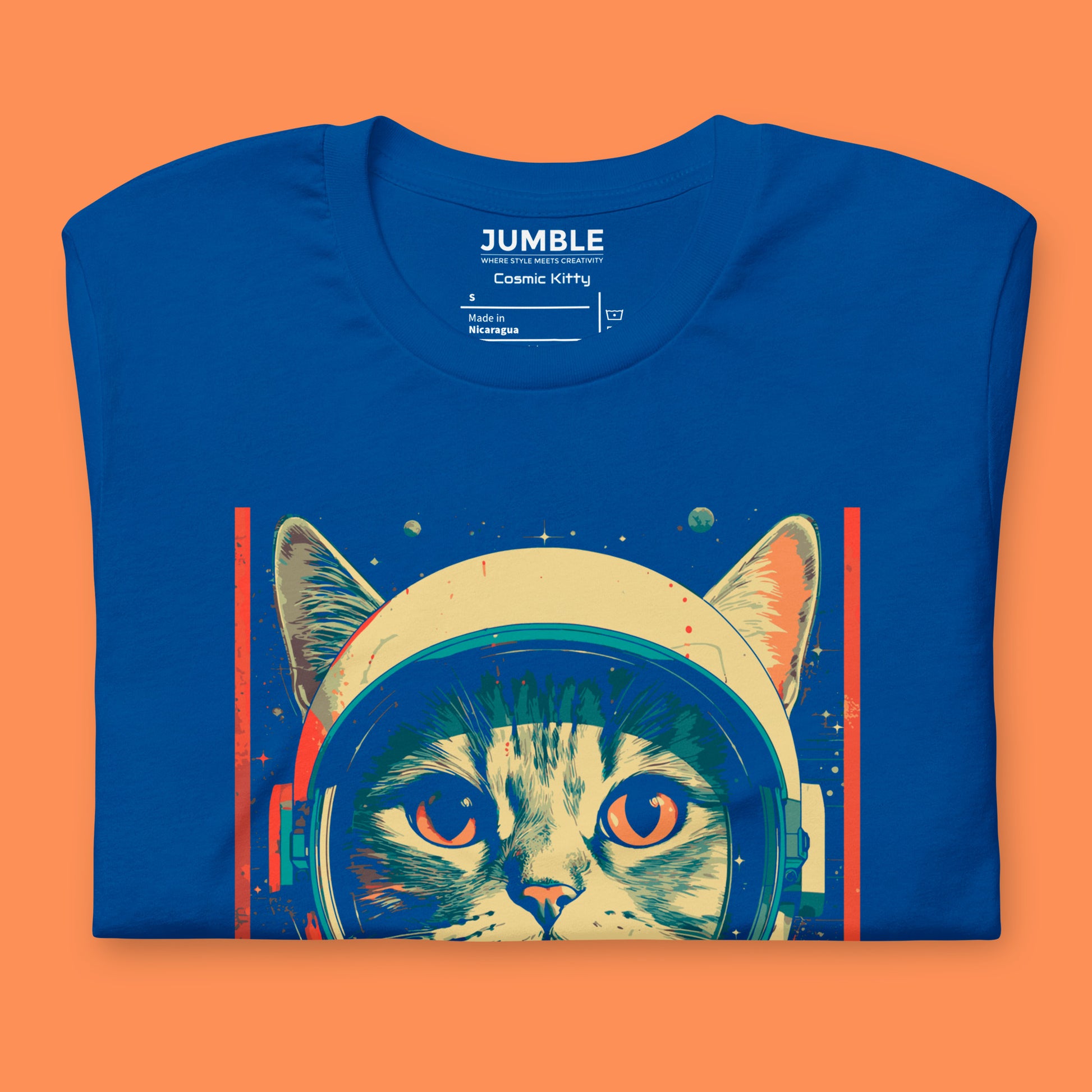 closeup of true royal Cosmic Kitty Unisex t-shirt folded