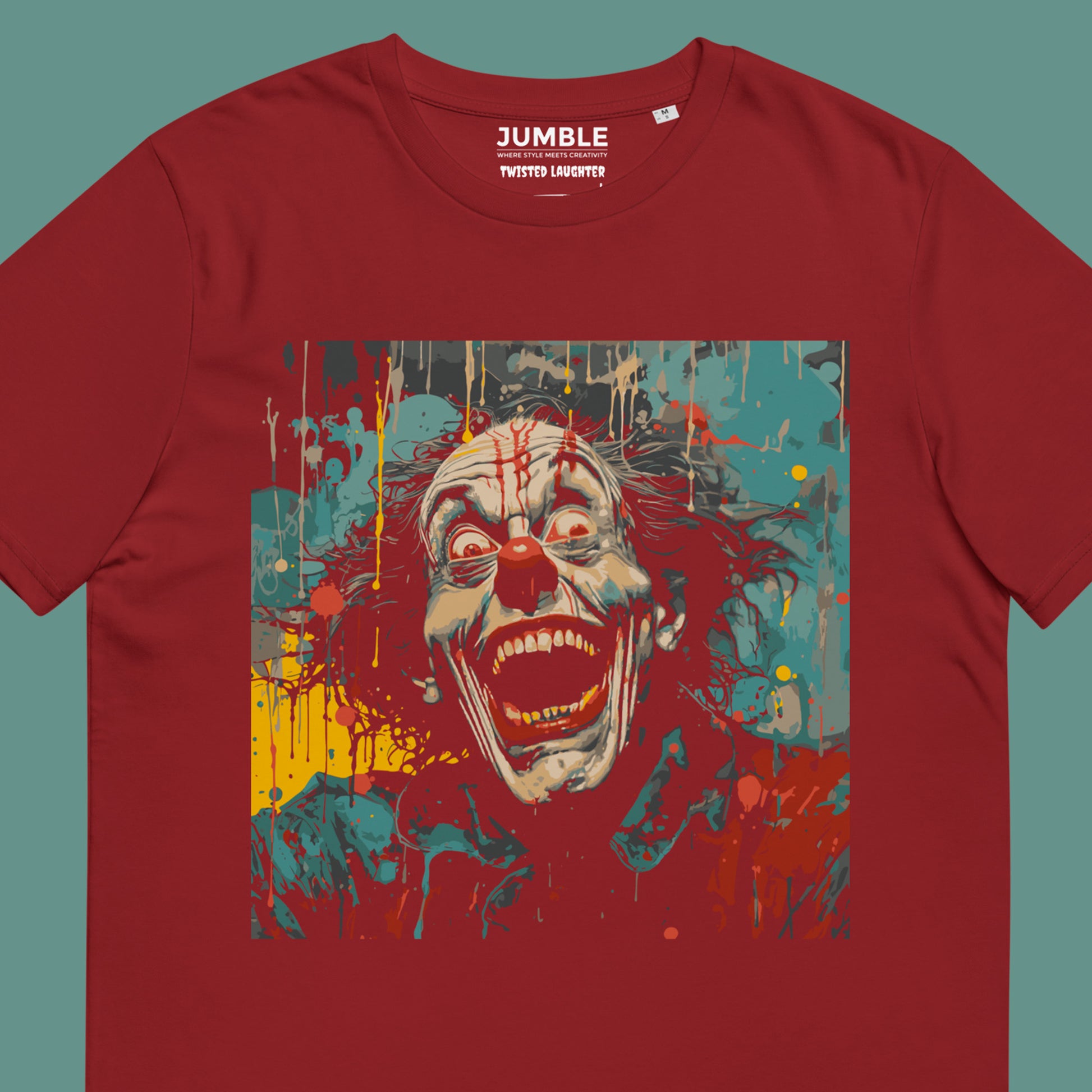 closeup of burgundy Twisted Laughter Unisex organic cotton t-shirt