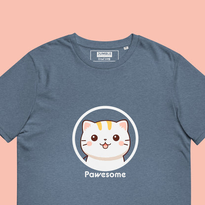 close up of Pawesome Unisex organic cotton t-shirt- dark heather blue