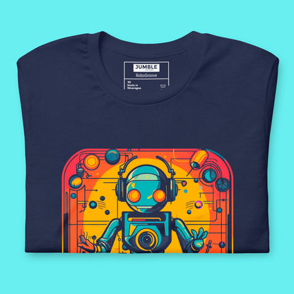 close up of folded navy RoboGroove Unisex t-shirt 