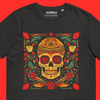 close up of dark heather grey El Paso Calavera Unisex organic cotton t-shirt