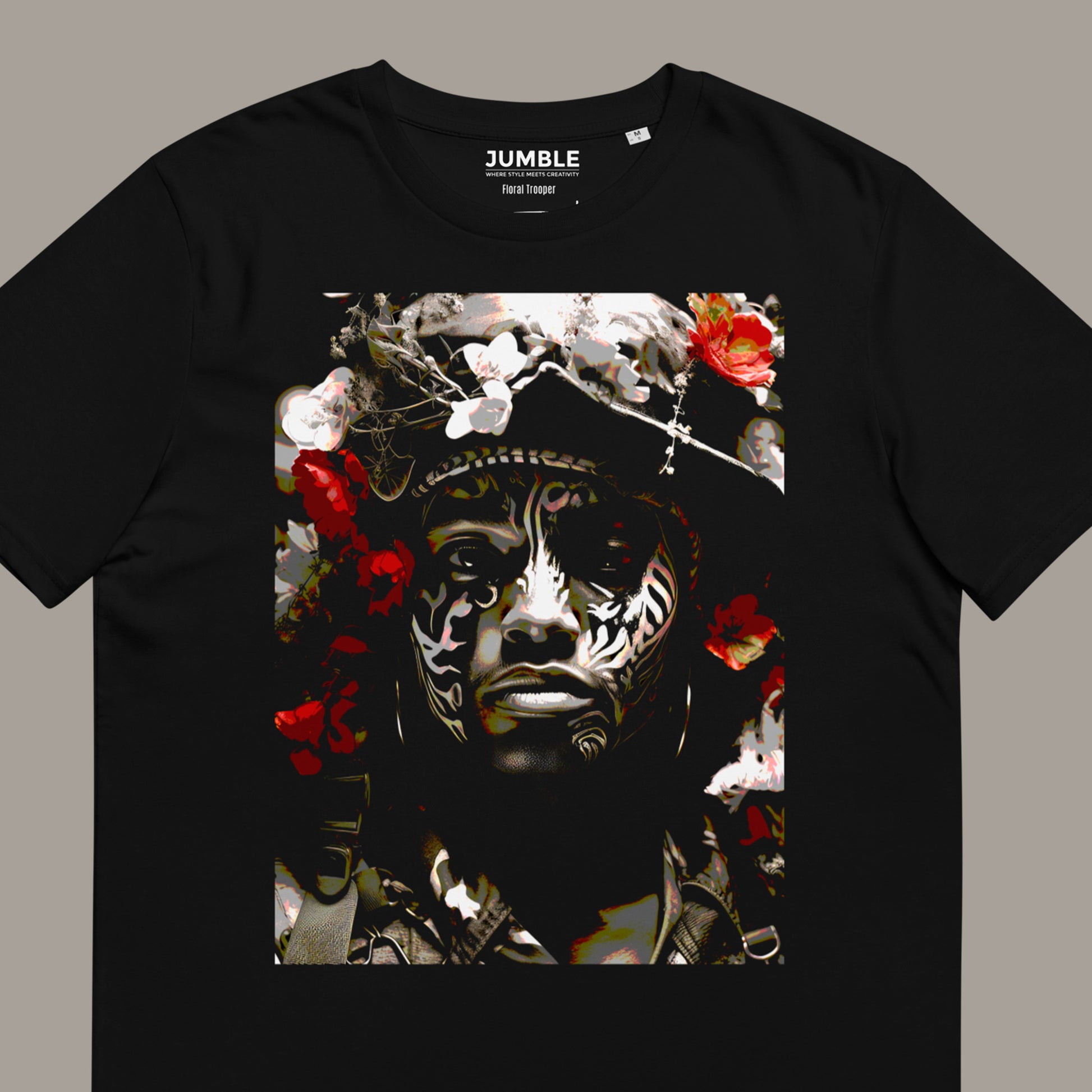 close up of Floral Trooper Unisex organic cotton t-shirt