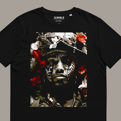 close up of Floral Trooper Unisex organic cotton t-shirt