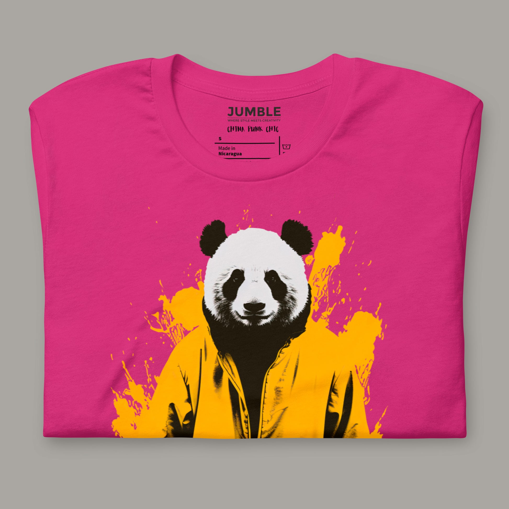 close up of folded China Punk Chic Unisex t-shirt, in berry