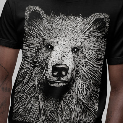 closeup of male model wearing Kodiak Bale Unisex organic cotton t-shirt