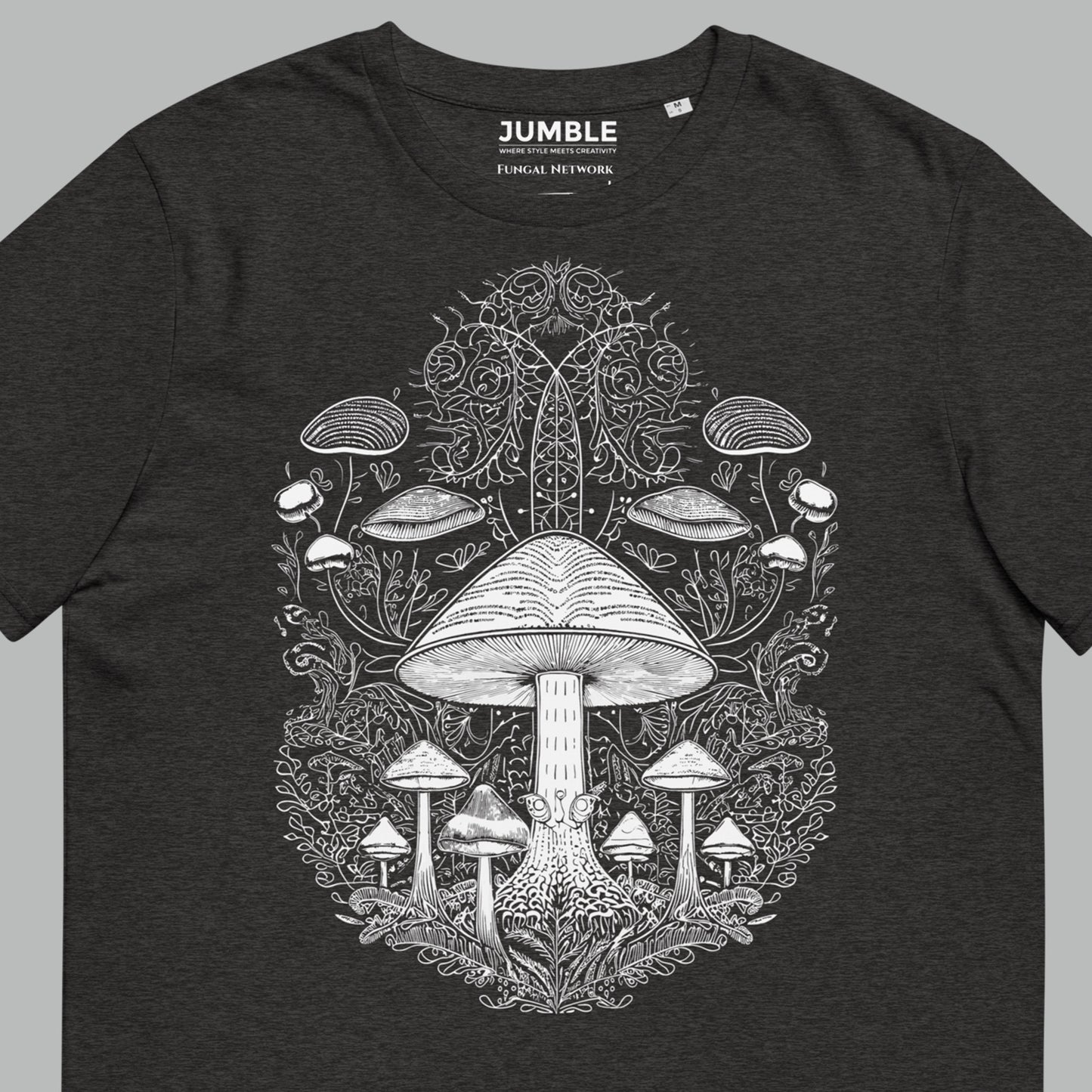 closeup of dark heather grey Fungal Network Unisex organic cotton t-shirt