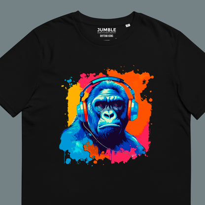 close up of Rhythm Kong Unisex organic cotton t-shirt- in black