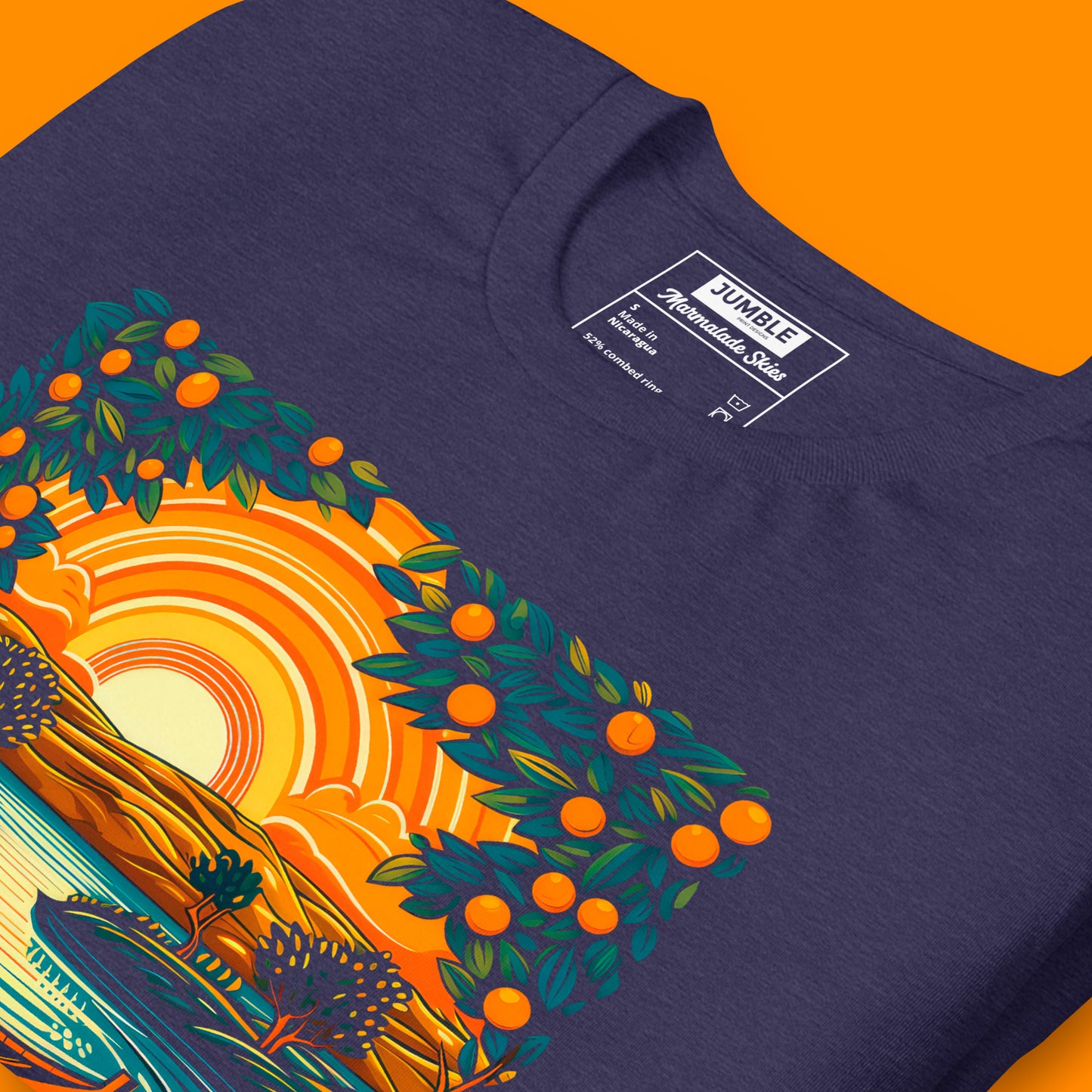 close uo of Marmalade Skies Unisex t-shirt, in midnight navy. Folded