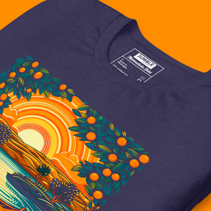 close uo of Marmalade Skies Unisex t-shirt, in midnight navy. Folded