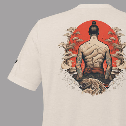 close up of back of heather dust Shogun Unisex t-shirt