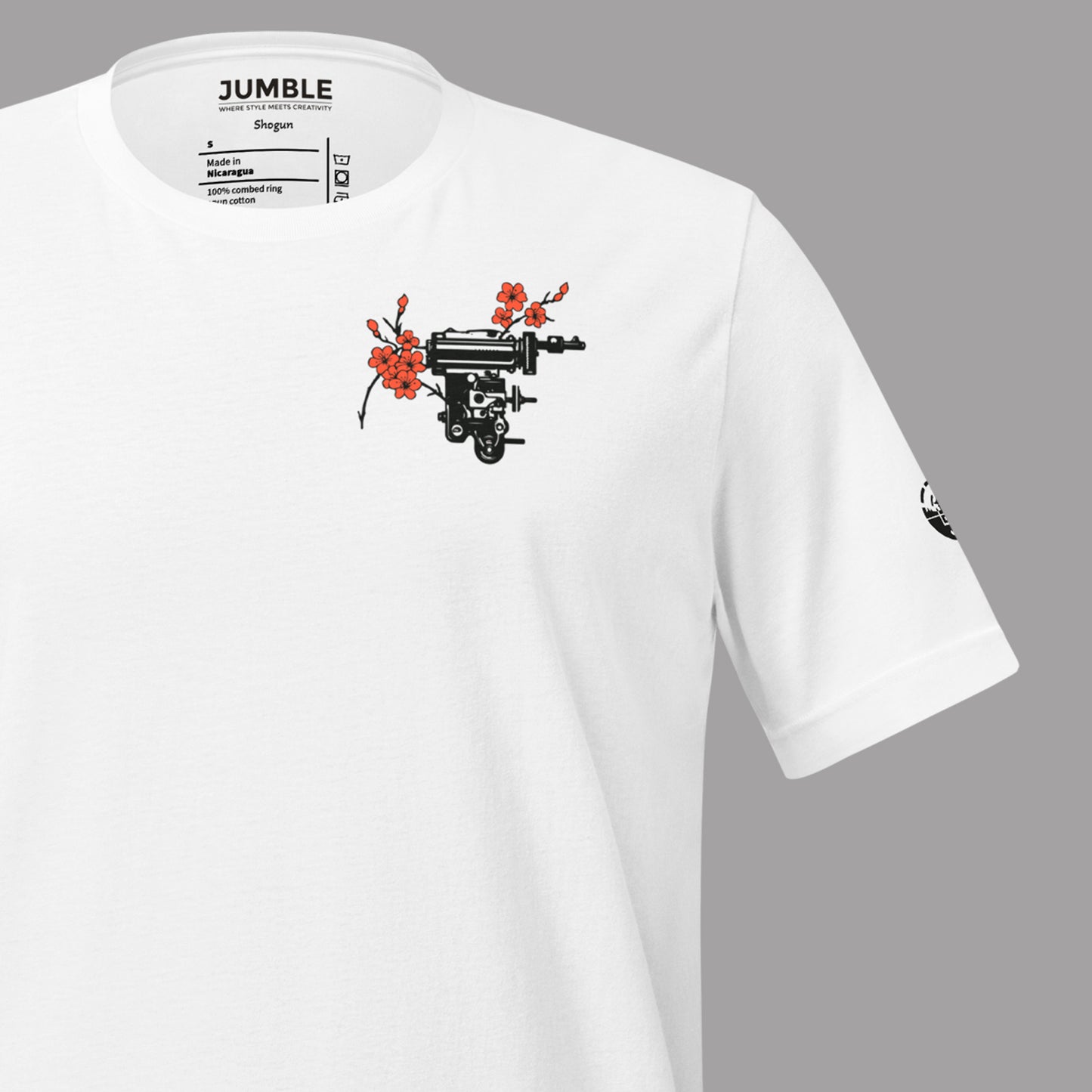 closeup of front of white Shogun Unisex t-shirt