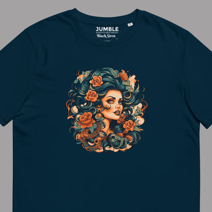 closeup of art on french navy Black Siren Unisex organic cotton t-shirt