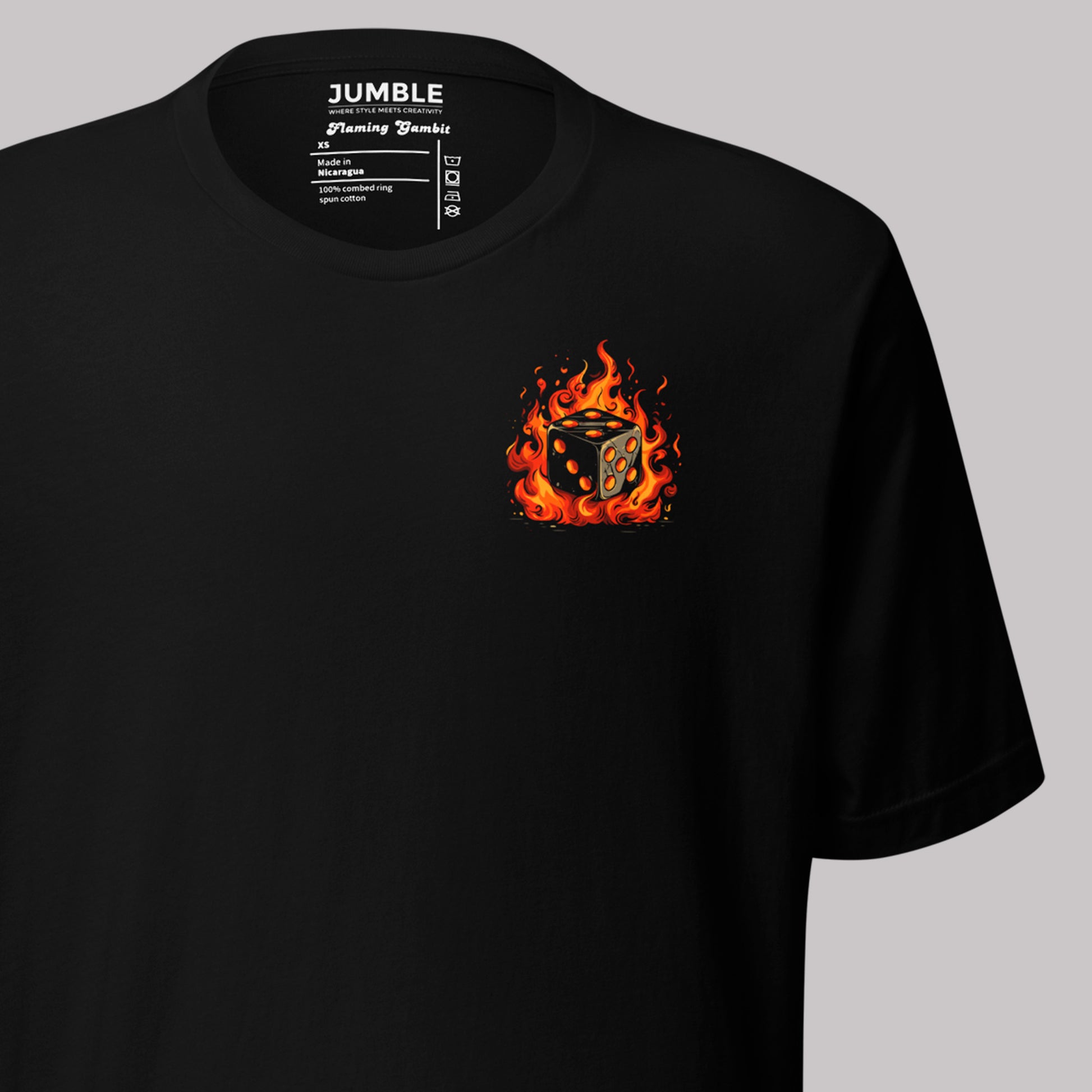 closeup of front of Flaming Gambit Unisex t-shirt