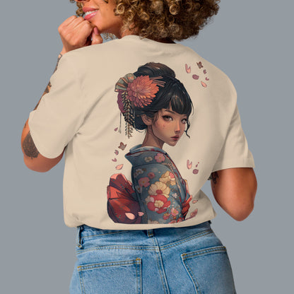 back view of female model wearing a desert dust Tenshi (天使) Premium Unisex organic cotton t-shirt