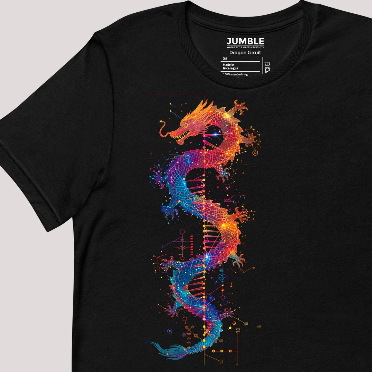 closeup of artwork on Dragon Circuit Unisex t-shirt