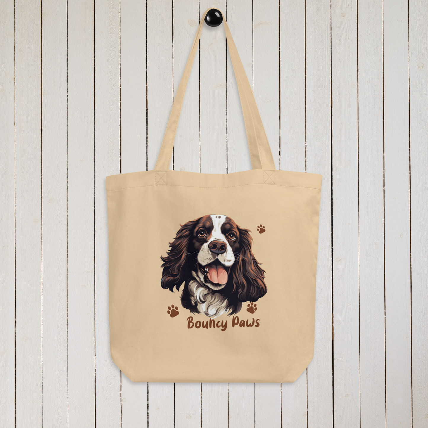 Bouncy Paws Eco Tote Bag in Oyster, displayed on peg