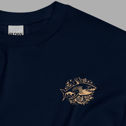 close up of embroidery detail on navy Ka Manō Embroidered Unisex Sweatshirt