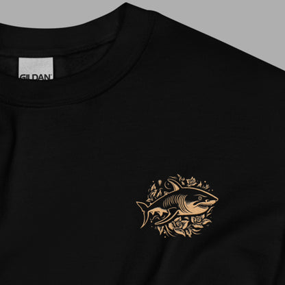 close up of embroidery detail on black Ka Manō Embroidered Unisex Sweatshirt