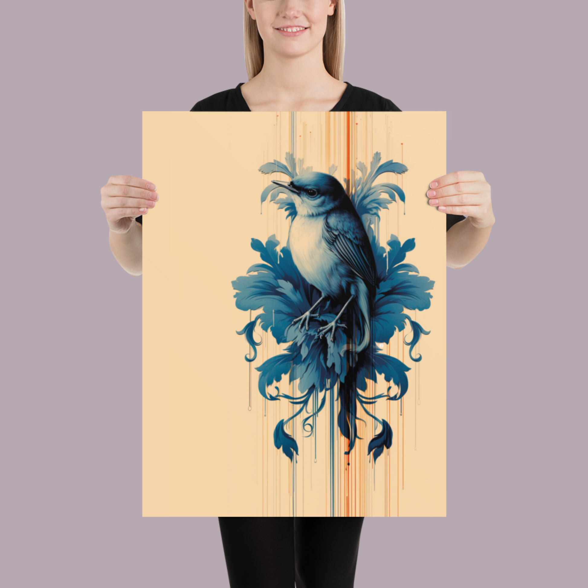 "Avian Nouveau Museum-Quality Poster held by woman - Size: 18x30 inches.