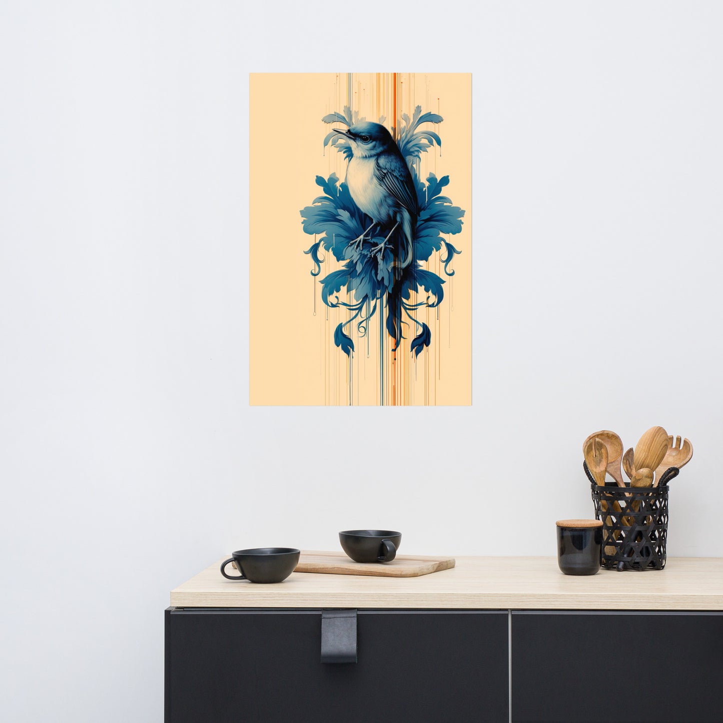 "Avian Nouveau Museum-Quality Poster displayed on a wall - Size: 18x30 inches.