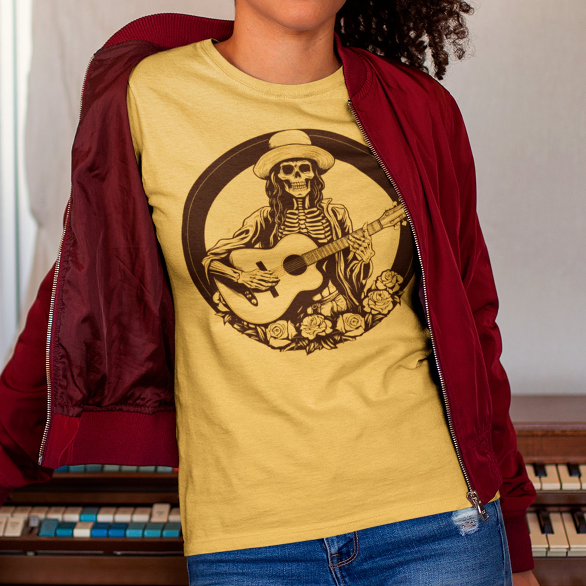 female model wearing yellow Country Crypt Unisex t-shirt
