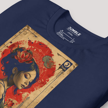 closeup of folded navy Lotus Unisex t-shirt