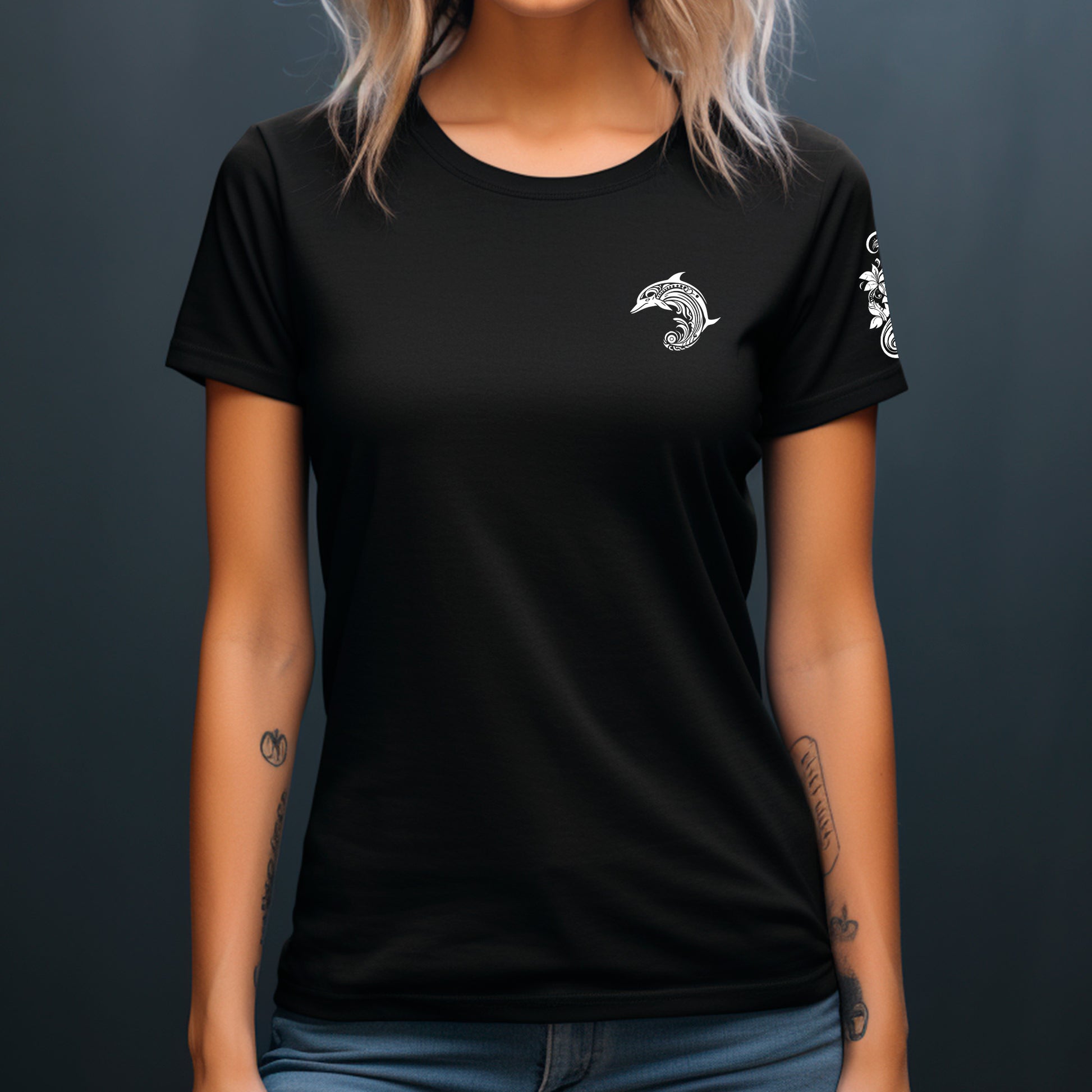 female model wearing a black Whakaruru Tangaroa Unisex organic cotton t-shirt