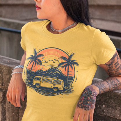 female model wearing a yellow Palm Sunrise Unisex t-shirt