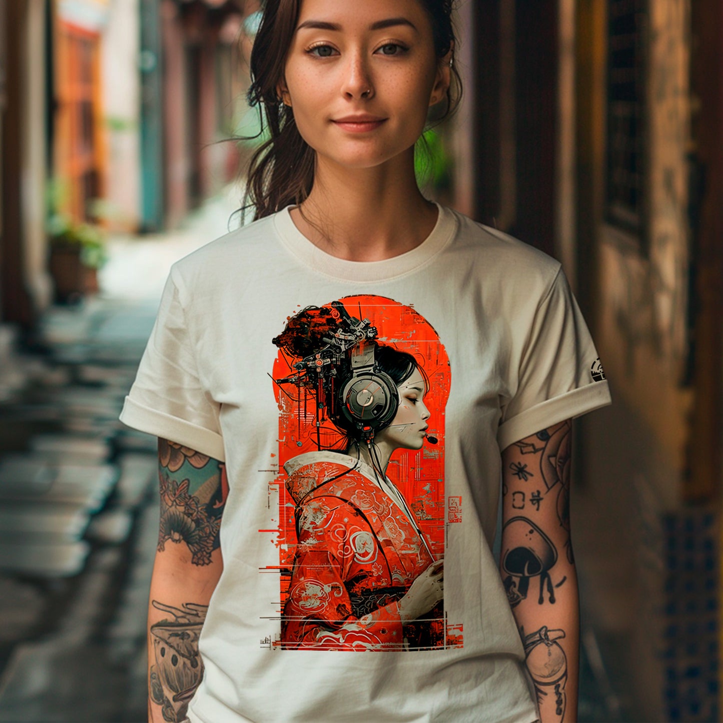 female model wearing Geisha 3000 Unisex t-shirt