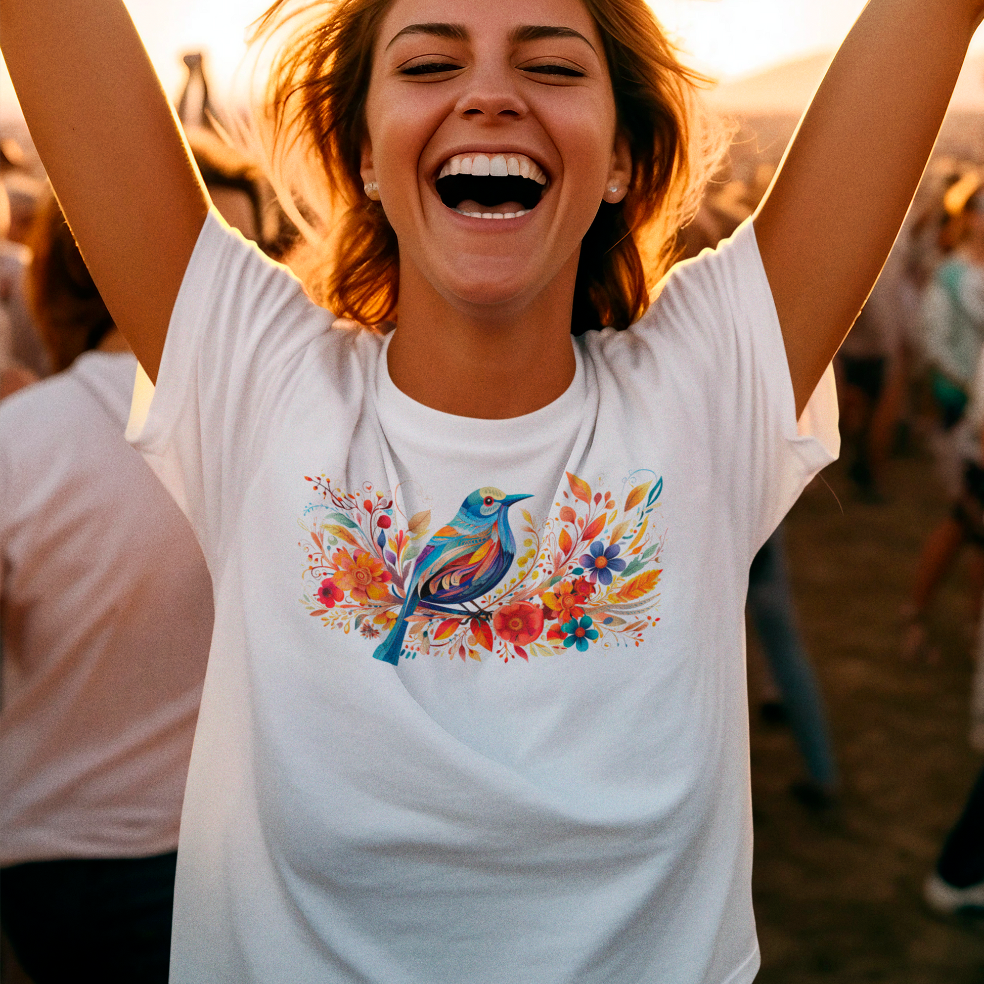 female model wearing Feather Blossom Unisex organic cotton t-shirt