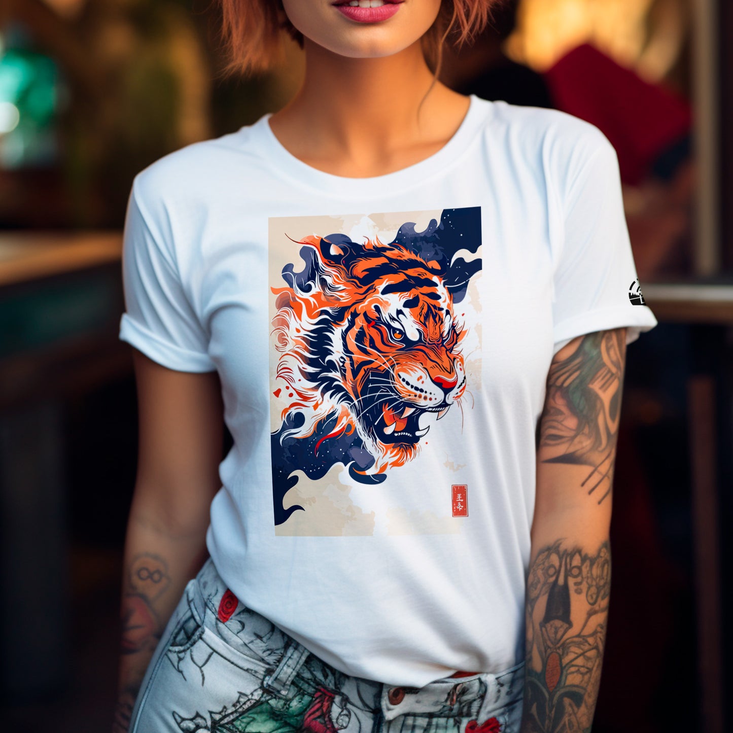 female model wearing Bakuhatsu Byakko Unisex t-shirt