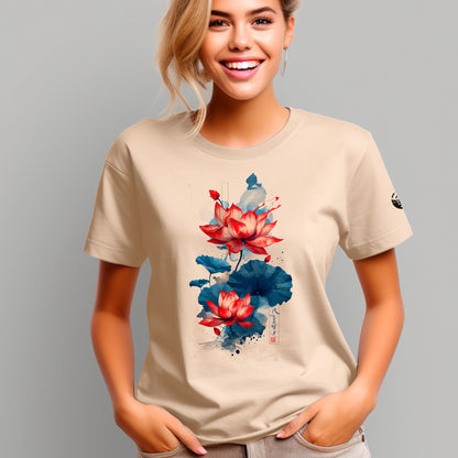 female model wearing soft cream Aka Shu Ren Unisex t-shirt