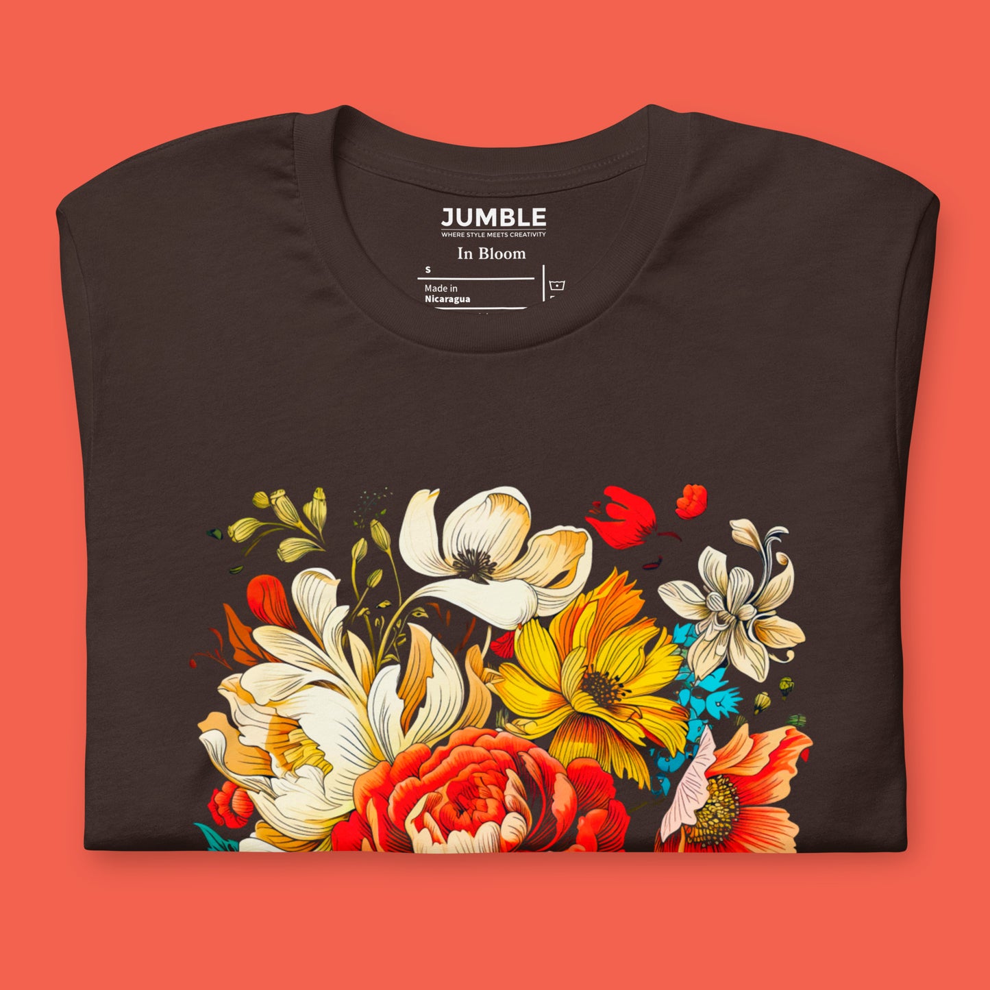 Close-up of In Bloom Unisex T-Shirt Folded - Brown Colour