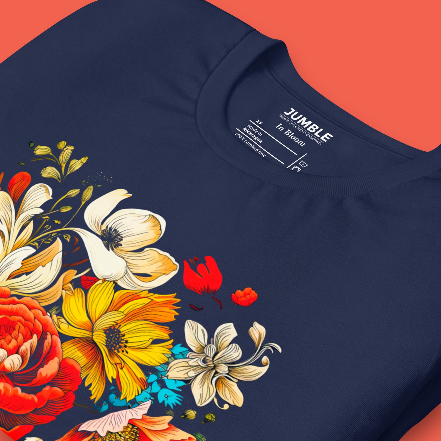 Close-up of In Bloom Unisex T-Shirt Folded - Navy Colour