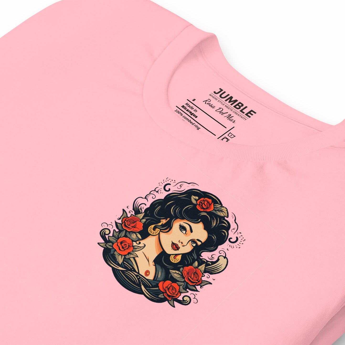 closeup of folded pink Rosa Del Mar Unisex t-shirt