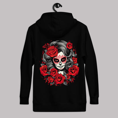 La Catrina Rose Unisex Hoodie displayed on a hanger