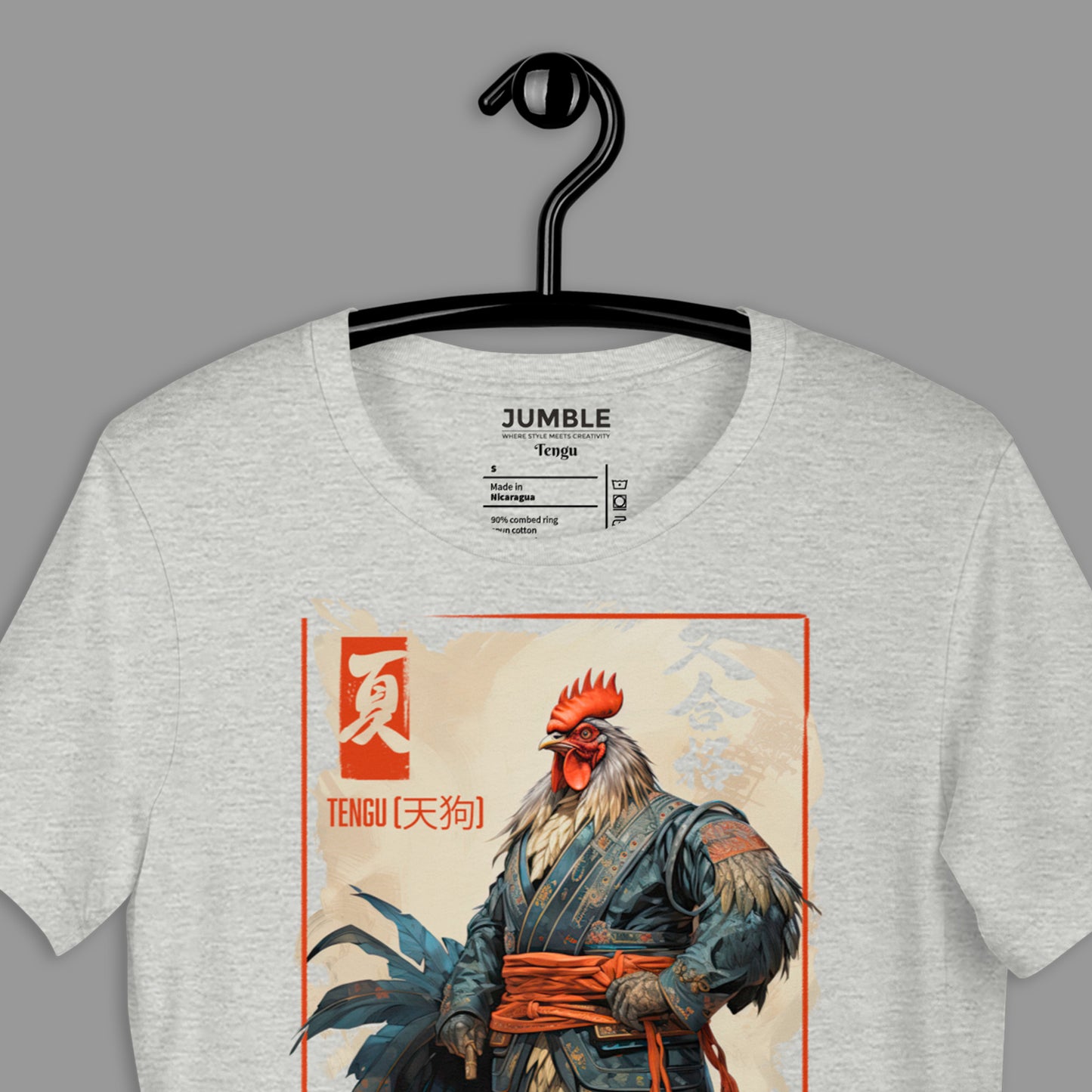 closeup of Tengu (天狗) Unisex t-shirt on a hanger