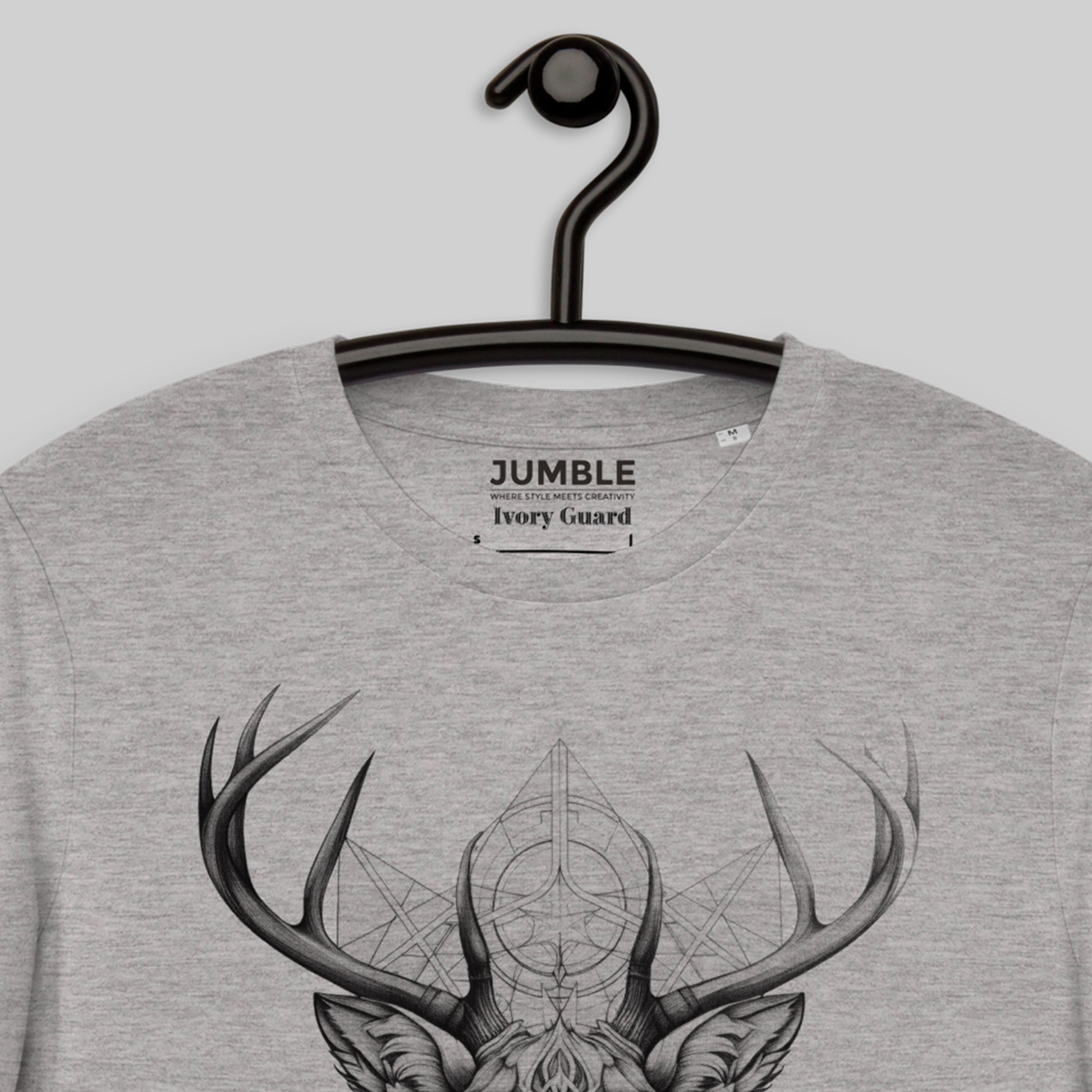 closeup of hanger on heather grey Ivory Guard Unisex organic cotton t-shirt
