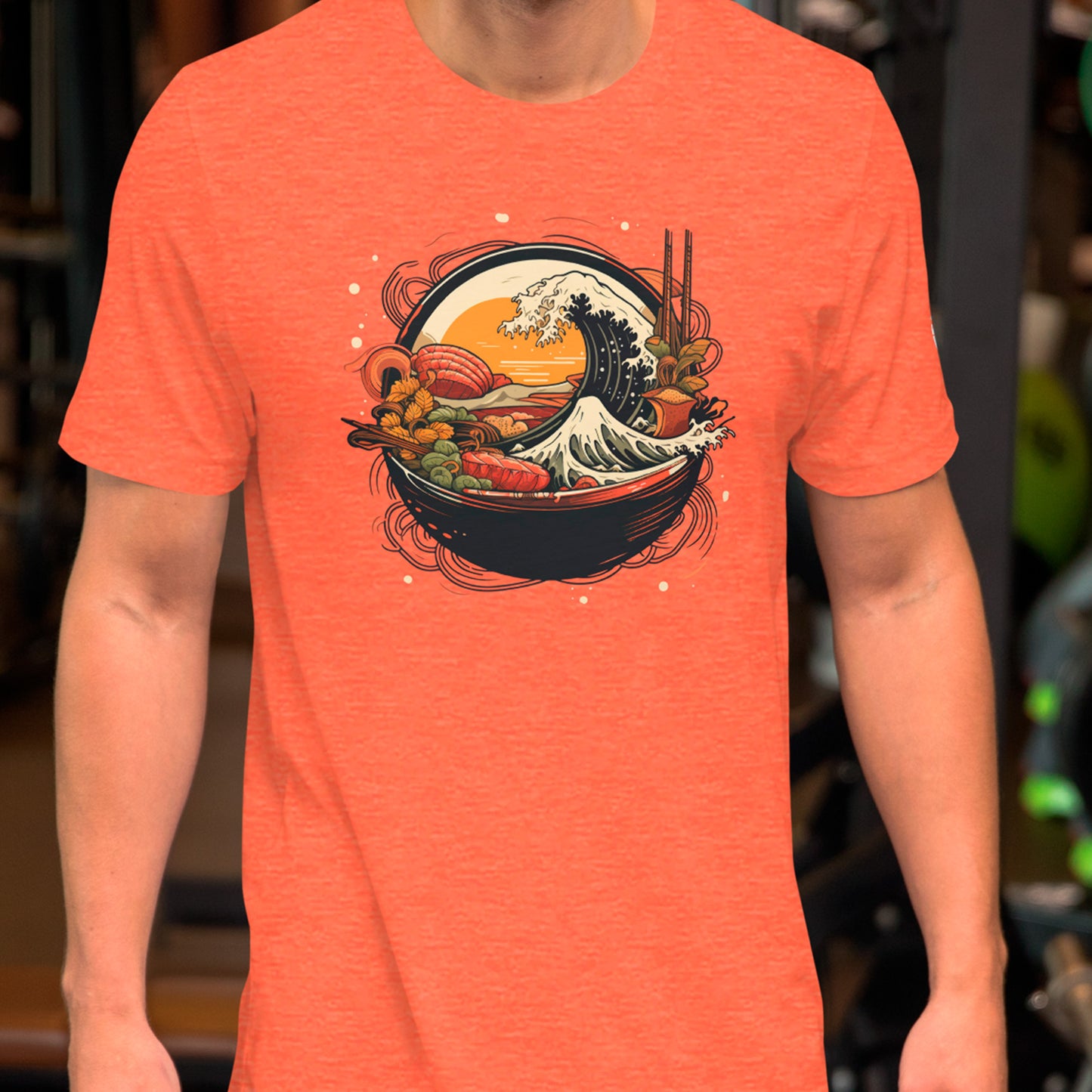 model wearing a heather orange Ramen Wave Unisex t-shirt 