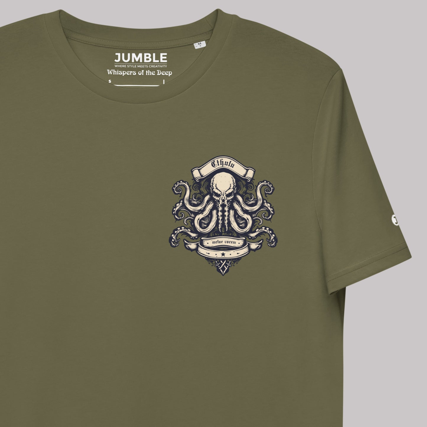 closeup of design on Whispers of the Deep Unisex organic cotton t-shirt in khaki
