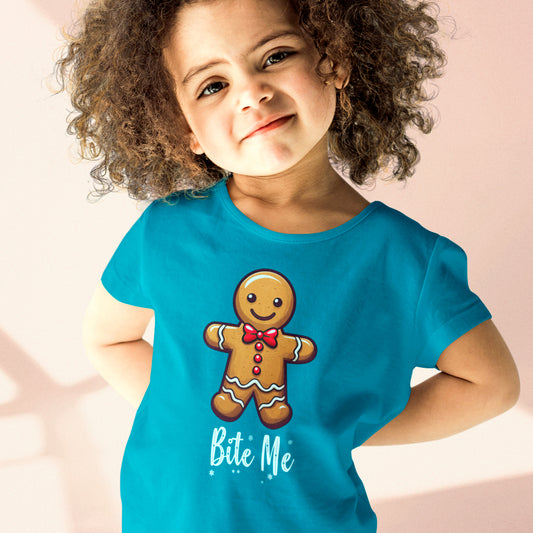 little girl wearing Bite Me Organic cotton kids t-shirt