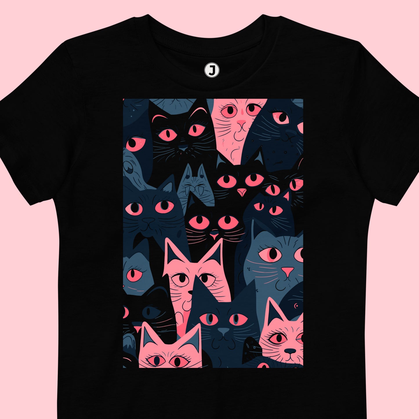 closeup of black Pink Clowder Organic cotton kids t-shirt