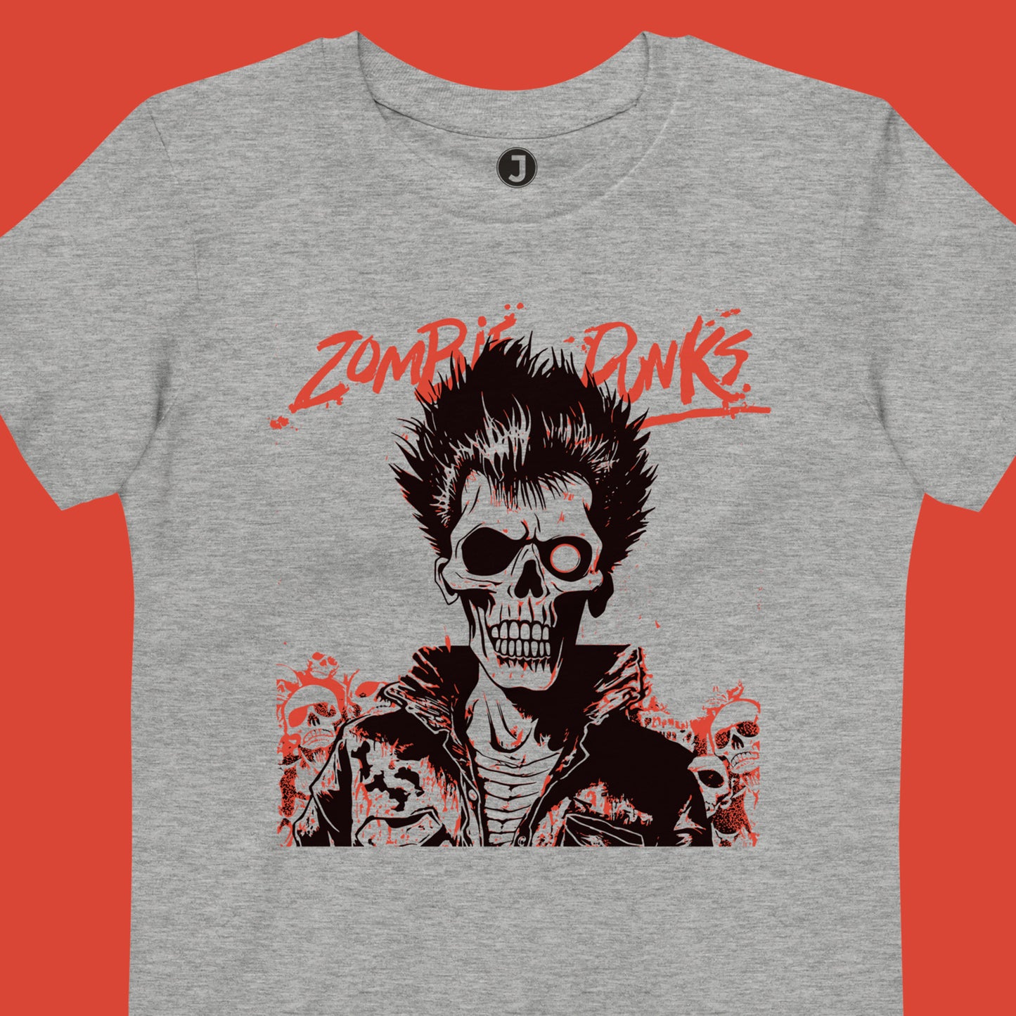 close up of heather grey Zombie Punks Organic cotton kids t-shirt